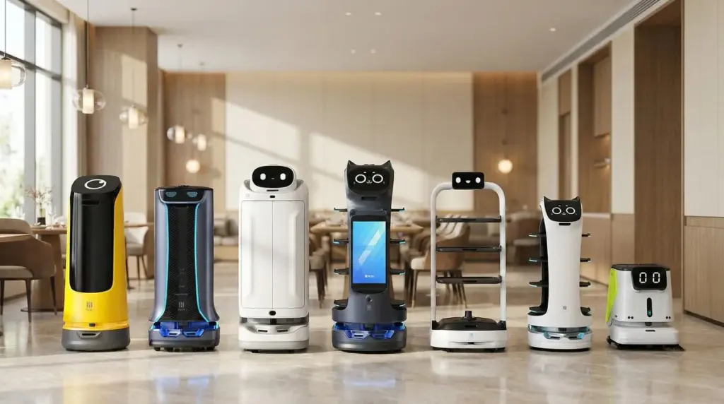 Sieben verschiedene Serviceroboter von Pudu Robotics aufgereiht in einem modernen Restaurant – BellaBot, BellaBot Pro, PuduBot 2, KettyBot, HolaBot, SwiftBot und CC1 Reinigungsroboter